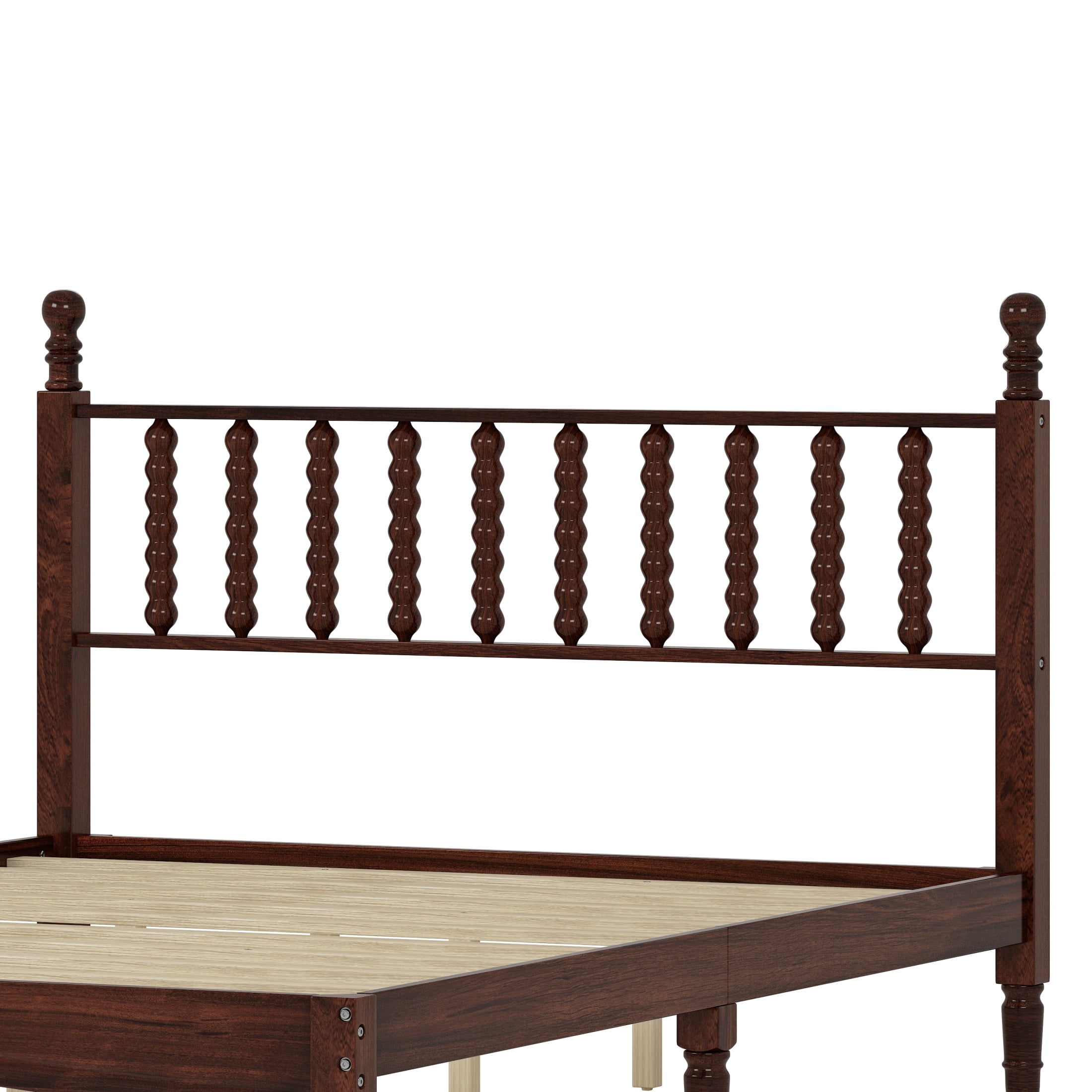 Noble House Queen Size Wood Platform Bed with Gourd-Shaped Headboard, Retro Wooden Bed Frame with Slat Support, Walnut