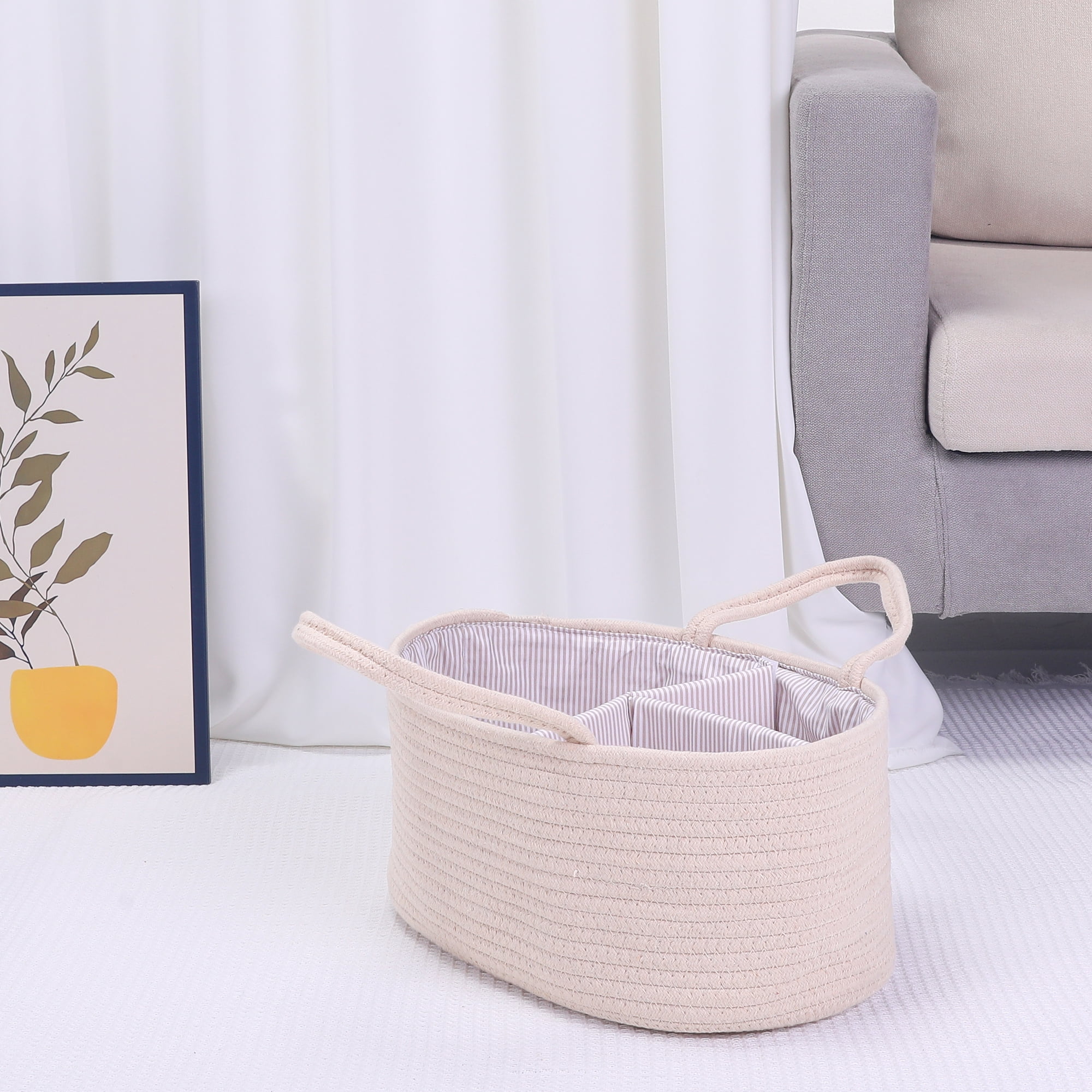 Unique Bargains 1 Pack Woven Storage Basket Bin with Divider and Handle Beige L