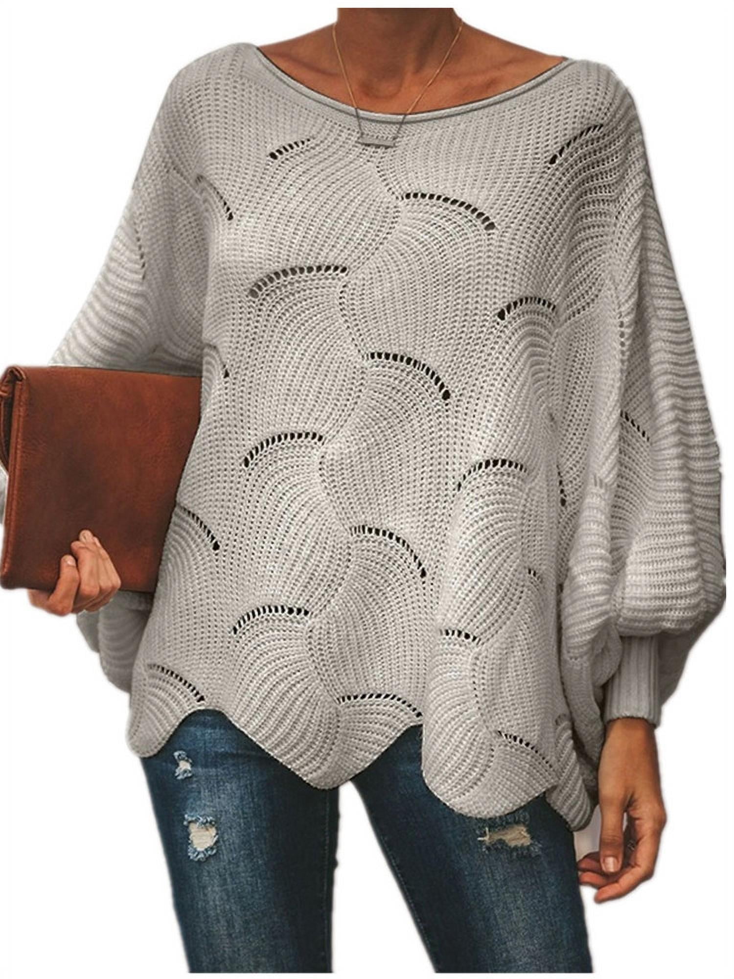 NGMQ Hollow-out Knit Sweater Women Casual Loose Waved Hem Tops - Walmart.com