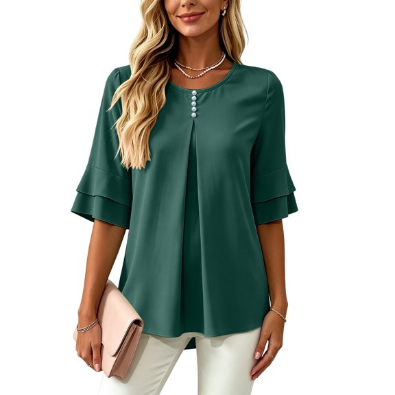 ClodeEU Women's Round Neck Pleated 3/4 Sleeve Tunic Blouse Top,Casual Loose Shirt Army Green,Women's Plus L