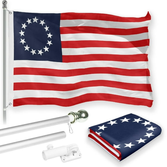 G128 Combo Pack: 6 Feet Tangle Free Spinning Flagpole (Silver) Betsy Ross Flag 3x5 ft Printed 150D Brass Grommets (Flag Included) Aluminum Flag Pole