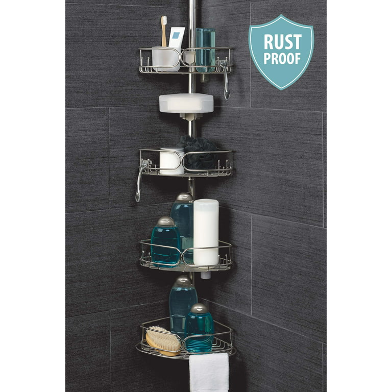 Rustproof Tension Pole Shower Caddy with 4 Basket Shelves, 60 to 108,  Zenna Home Stainless Steel 