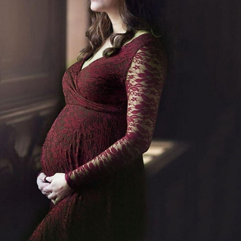 Danhjin Maternity Elegant Fitted Maternity Gown Lace Long Sleeve Cross-Front V Neck Slim Fit Maxi Photography Dress for Photoshoot