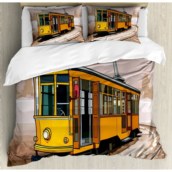 Ambesonne Modern Duvet Cover Set, Train on Rail Roads, Calking, Yellow and Pale Brown
