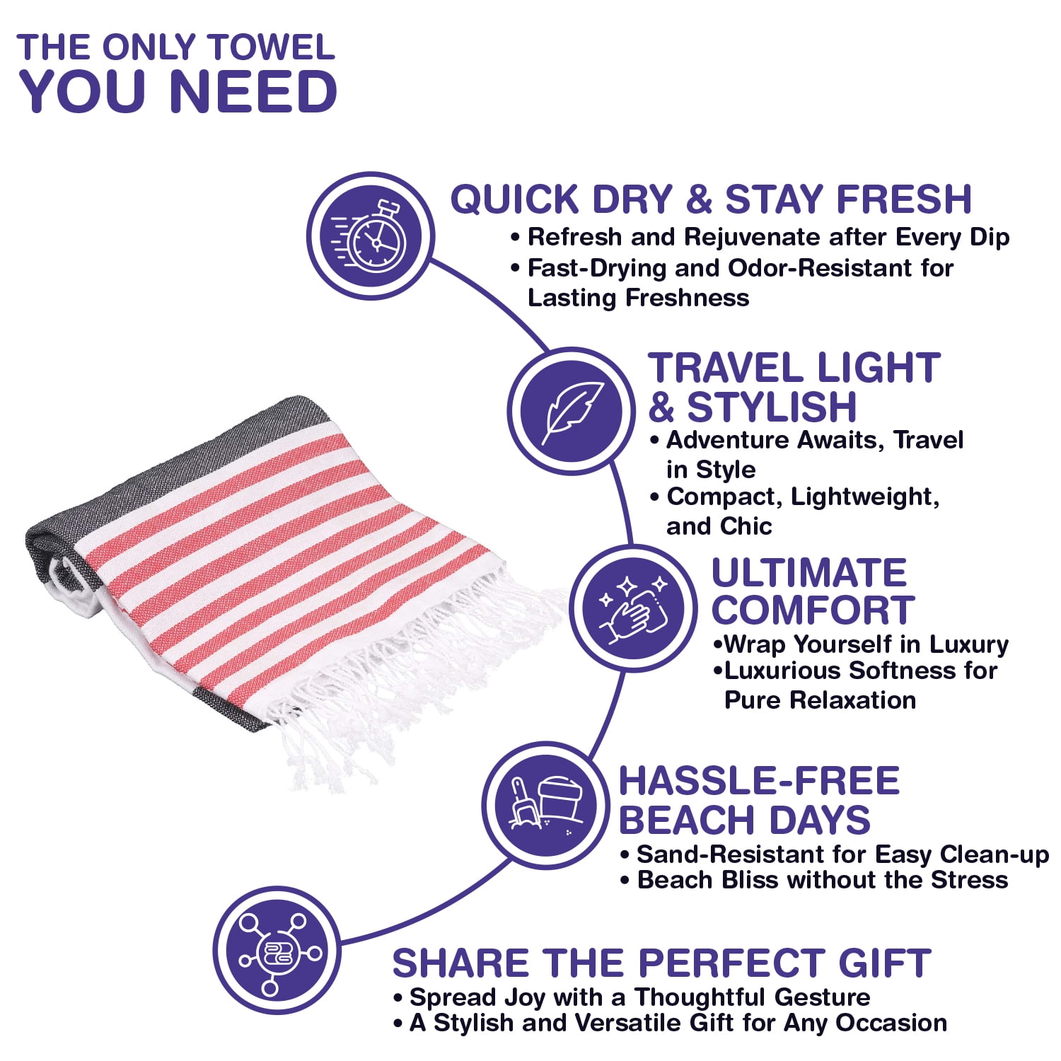 PADISHAHHOME Turkish Beach Towels Set of 4 | Oversized, Quick Dry, Sand Free | 100% Cotton, Large 38x71" Towels for Beach, Pool, Travel | Ultra-Soft, Compact, and Absorbent | Black / Red