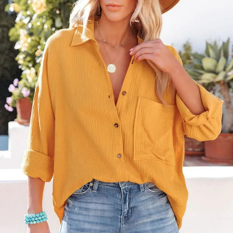 RYRJJ Womens Cotton Button Down Shirt Oversized Casual Long Sleeve Loose  Fit Collared Linen Work Blouse Tops with Pocket(Yellow,M)
