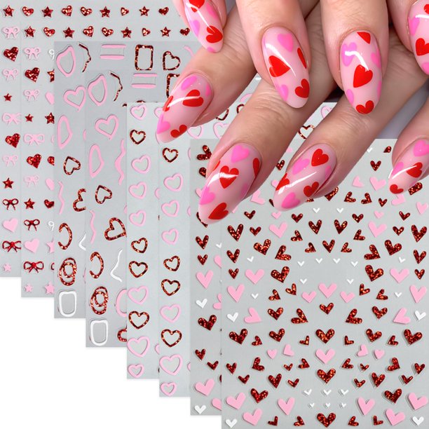Pegatinas para uñas Quezadyl con forma de corazón 3D autoadhesivas para el día de San Valentín