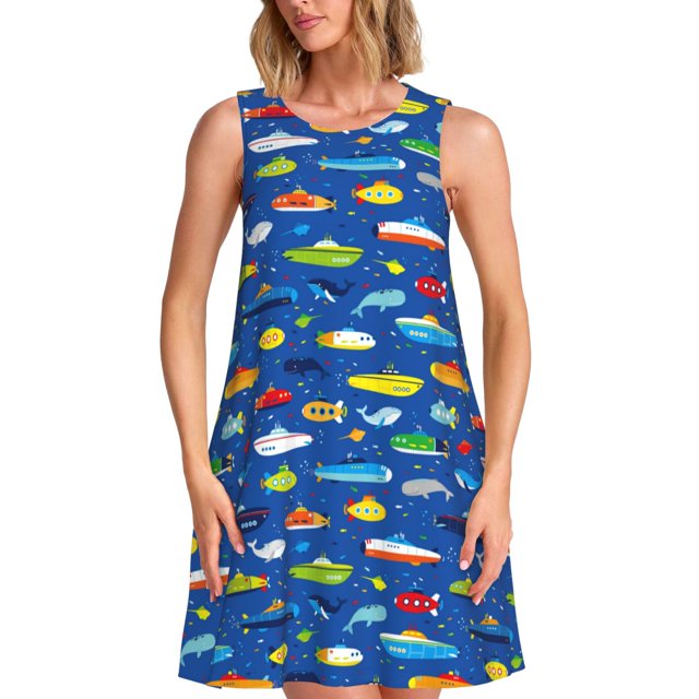 Bixox Robe Sans Manches à Imprimé sous-Marins et Baleines pour Femmes avec Poches, Robe Débardeur Décontractée Longueur Genou pour l'Été-Moyen