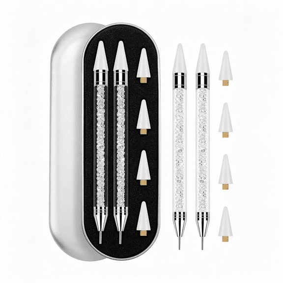 CCOCC Rhinestone Picker Tool,2Pcs Rhinestone Applicator Tool Dotting Wax Pen Dual-Ended with 4Pcs Replaceable Wax Tips for Diy Nail Art Tool Bedazzling Pen (White)