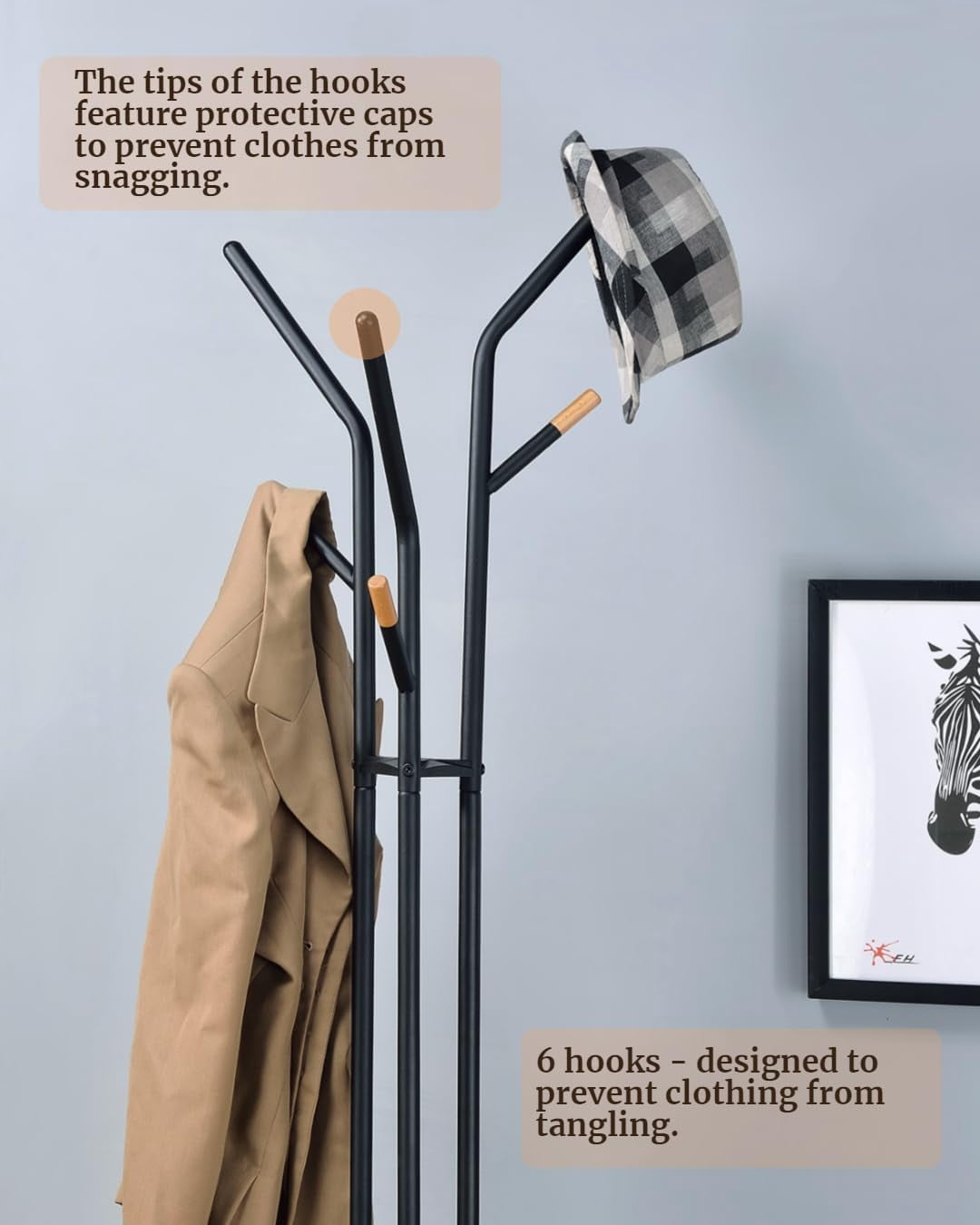 Proman Products Cali Tripod Metal Coat Tree Rack with 6 Hooks for Entryway, Office, Black