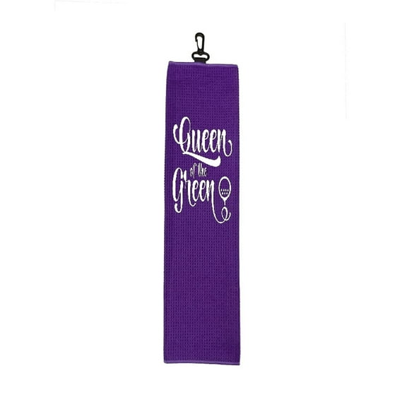 Queen of The Green White Vinyl on Purple Towel 16" x 22" Tri-Fold Looped Polyester Waffle Golf Towel with Swivel Clip for Golf Bag WGT011