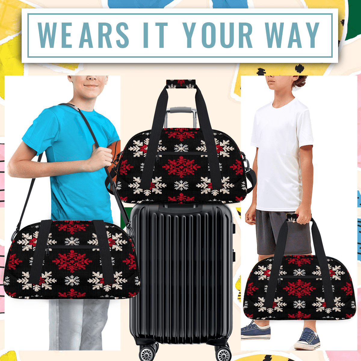 Herdesigns Sports Duffle Bags Travel Duffle Bag Gym Bag Red White Snowflakes Weekender Travel Bag Waterproof Overnight Bag Carry On Travel Tote Bag Dance Bags