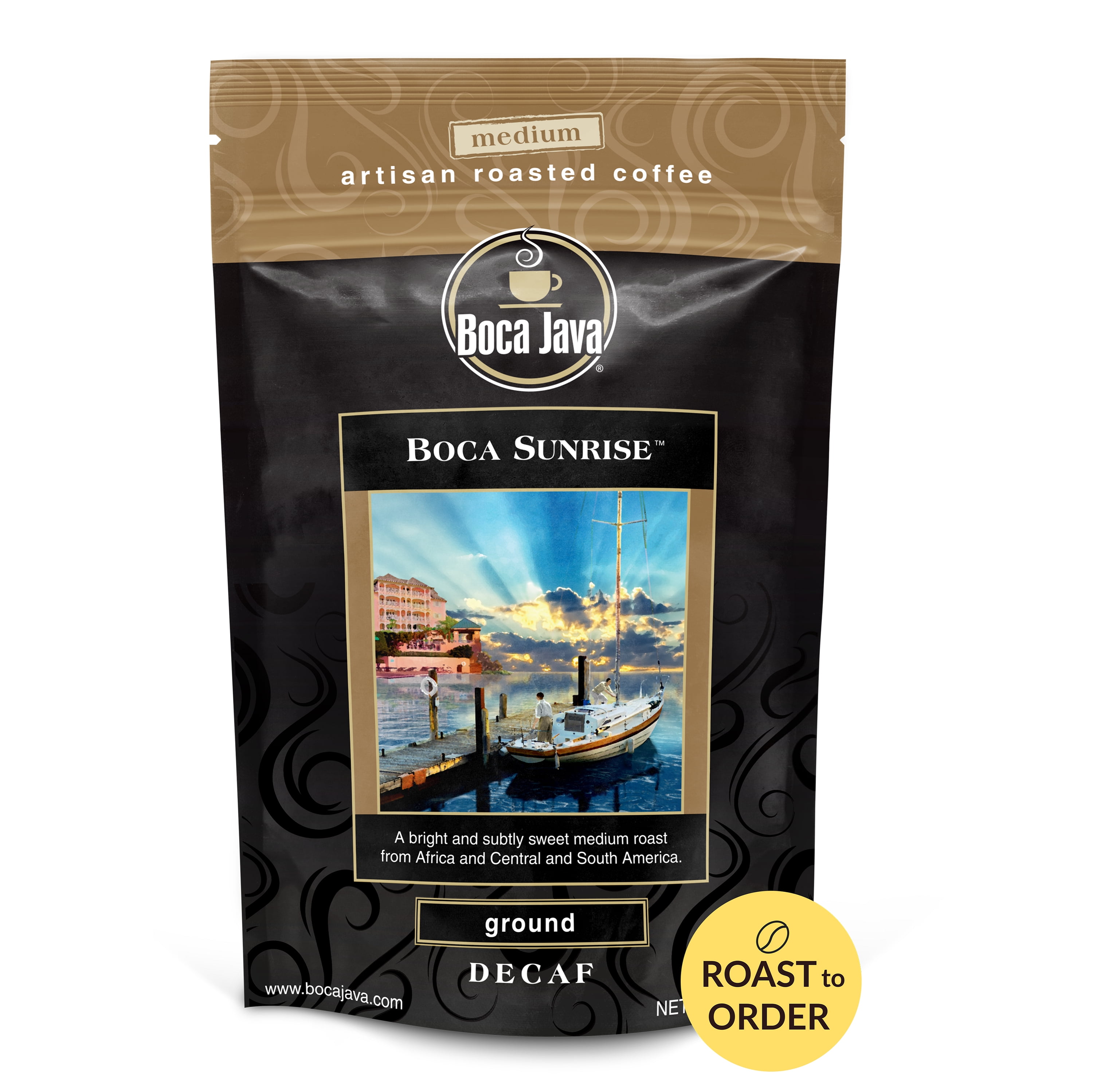 Boca Java Decaf Boca Sunrise Ground Coffee, Medium Roast, 8 oz. Bag, 100% Arabica, Roast to Order