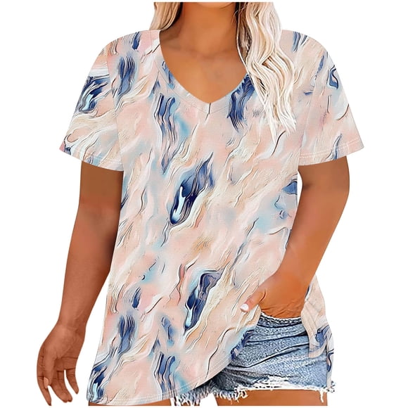 Staron Summer Tops for Women 2025 Clearance Under $5 Plus Size Short Sleeve V Neck T-shirt Trendy Summer Floral Print Basic Shirts Oversized Flowy Blouses Blue 5XL