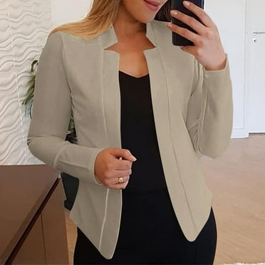 BYHONG Women Casual Solid Long Sleeve Open Front Notched Collar Suit Cardigan Office Ladies Jacket Daily Work Coat Women's Jackets Beige L