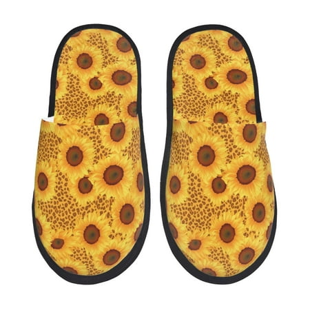 Balery Yellow Leopard Print Sunflower Slient Indoor Furry Fleece Comfort House Shoes Soft Non-Slip Home Shoes Cotton slippers House Slippers-- Medium