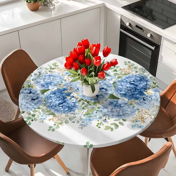 Country Blue Hydrangea Elastic Fitted Round Tablecloth Spring Flowers Eucalyptus Leaves Waterproof Outdoor Table Cover for Holiday Party, Picnic, Patio & Dining Fits Tables Up to 55"-60"
