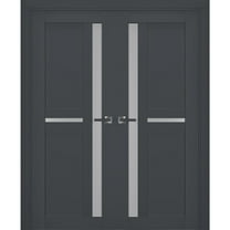 Interior Solid French Double Doors Frosted Glass | Veregio 7288 Antracite | Wood Solid Panel Frame Trims | Closet Bedroom Sturdy Doors -72" x 80" (2* 36x80)