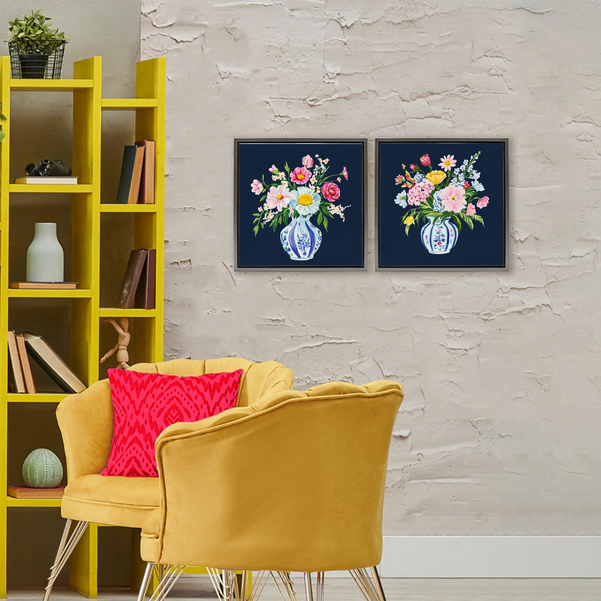 Twin Chinoiserie Vases 2 Piece Gray Framed Floater Canvas Set, design by Yen