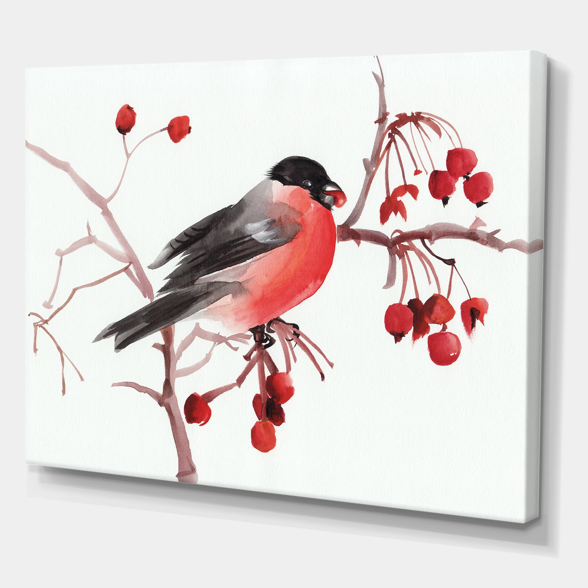 Bullfinch Bird Sitting On A Branch 32 in x 24 in Painting Canvas Art Print, by Designart
