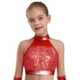 thumbnail image 5 of YiZYiF Girls 4pcs Jazz Dance Set Sequins Crop Top with Ruffle Skirt & Gloves Shiny Latin Cha Cha Dance Outfits Red 6, 5 of 8