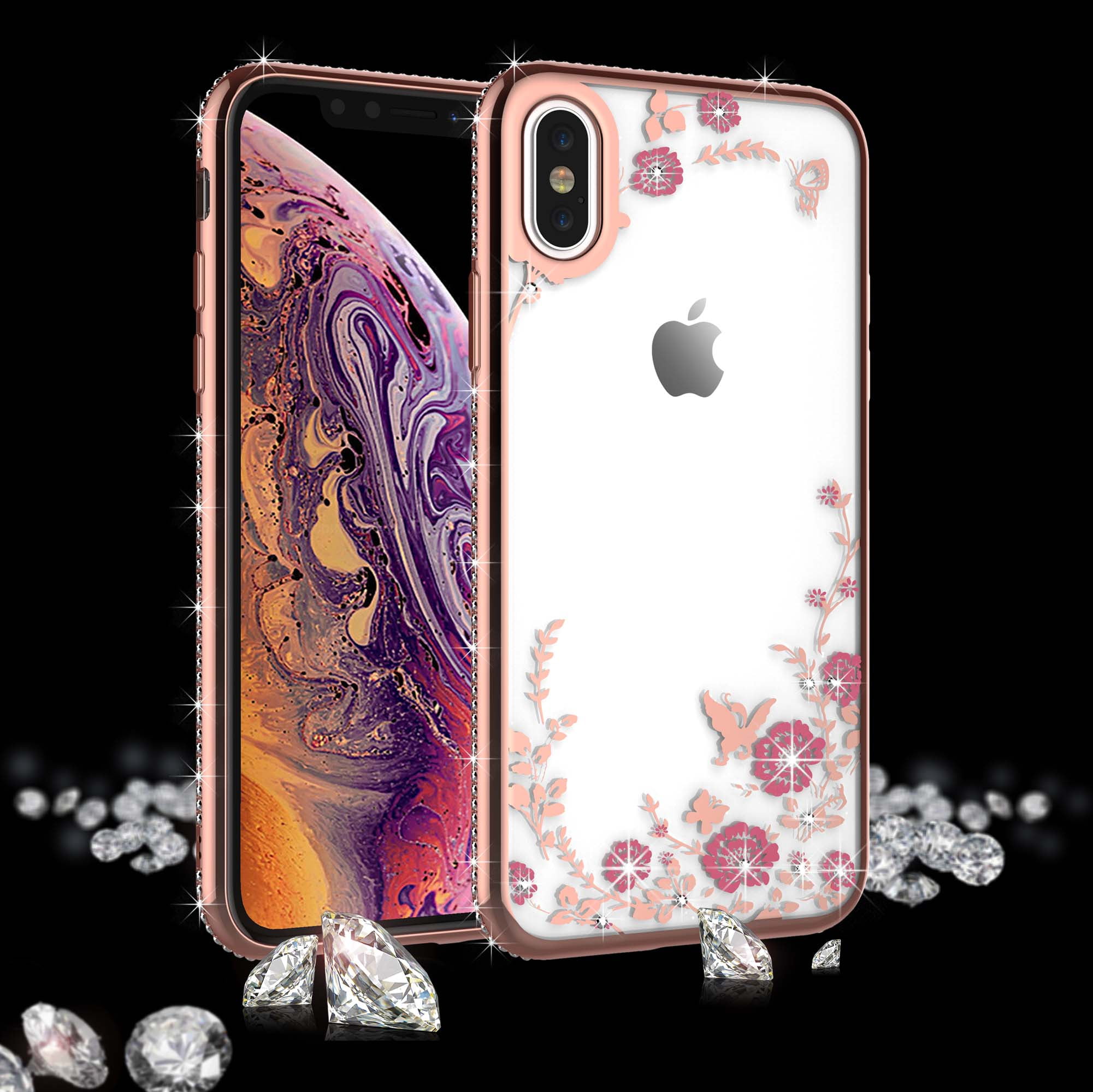 iPhone XS Max Case, Clear Case For iPhone XS Max, Njjex Ultra Clear hybrid Floral Printed Flower Sparkle Glitter Soft TPU Bumper Cases Cover For iPhone XS Max 2018