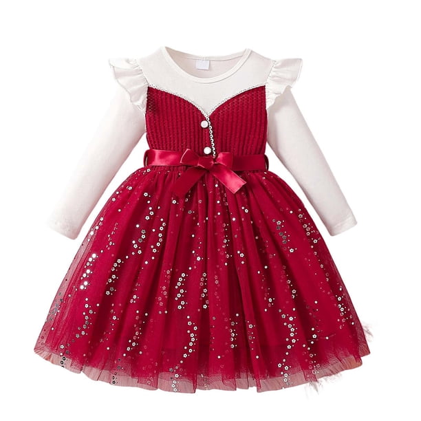 Vestido de Manga Larga para Niñas con Nudo de Arco Y Cinturón, de Moda de Color Sólido de Malla de Manga Larga para Niños 3-10 Años
