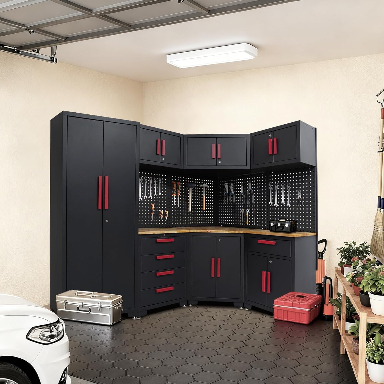 HPDMC 16PCS Corner Garage Storage Cabinet System - Heavy Duty Workshop Set w/Corner Cabinet Includes Workbench, Pegboard & Lockable Drawers | Metal Tool Organization System for Garage/Workshop