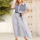 thumbnail image 4 of Vestido camisero de talla grande con cordones y solapa con estampado de rayas de manga corta informal de verano a la moda para mujer Pompotops ghjkhdj18654, 4 of 9