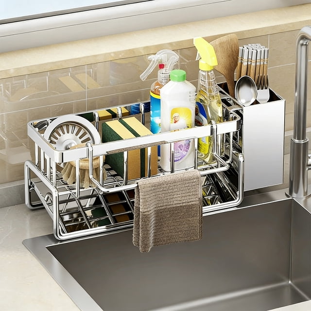 Estante Colgante de Acero Inoxidable para Fregadero de Cocina | Escurridor Compacto con Organizador de Utensilios Extraíble y Toallero Integrado | Organizador de Especias Resistente a La Oxidación pa