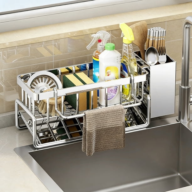 Estante Colgante de Acero Inoxidable para Fregadero de Cocina | Escurridor Compacto con Organizador de Utensilios Extraíble y Toallero Integrado | Organizador de Especias Resistente a La Oxidación pa