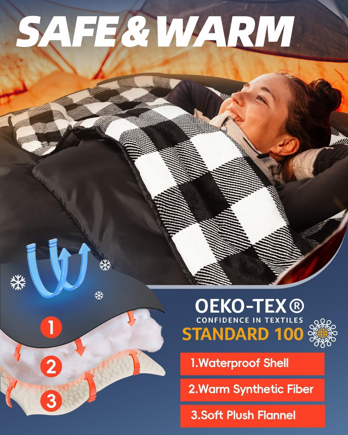 Flannel Double Sleeping Bag for Adults Cold Weather, XL Queen Size All Season 2 Person Big and Tall Bags Camping 0 Degree with Pillow