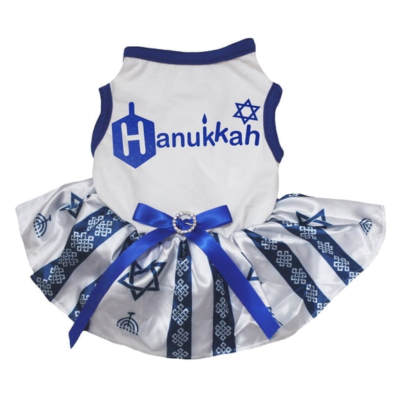 Petitebelle Candle Hanukkah Star Puppy Dog Dress (White/Striped Stars, Small)