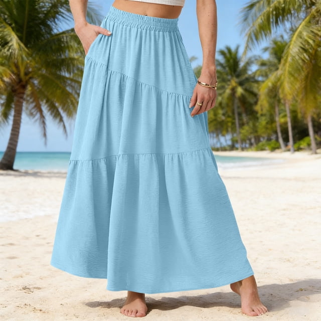TaTaai Women's Spring Summer Solid Color Casual Long Skirt Elastic Waist Asymmetrical Design Flowy Skirt with Pockets Gift