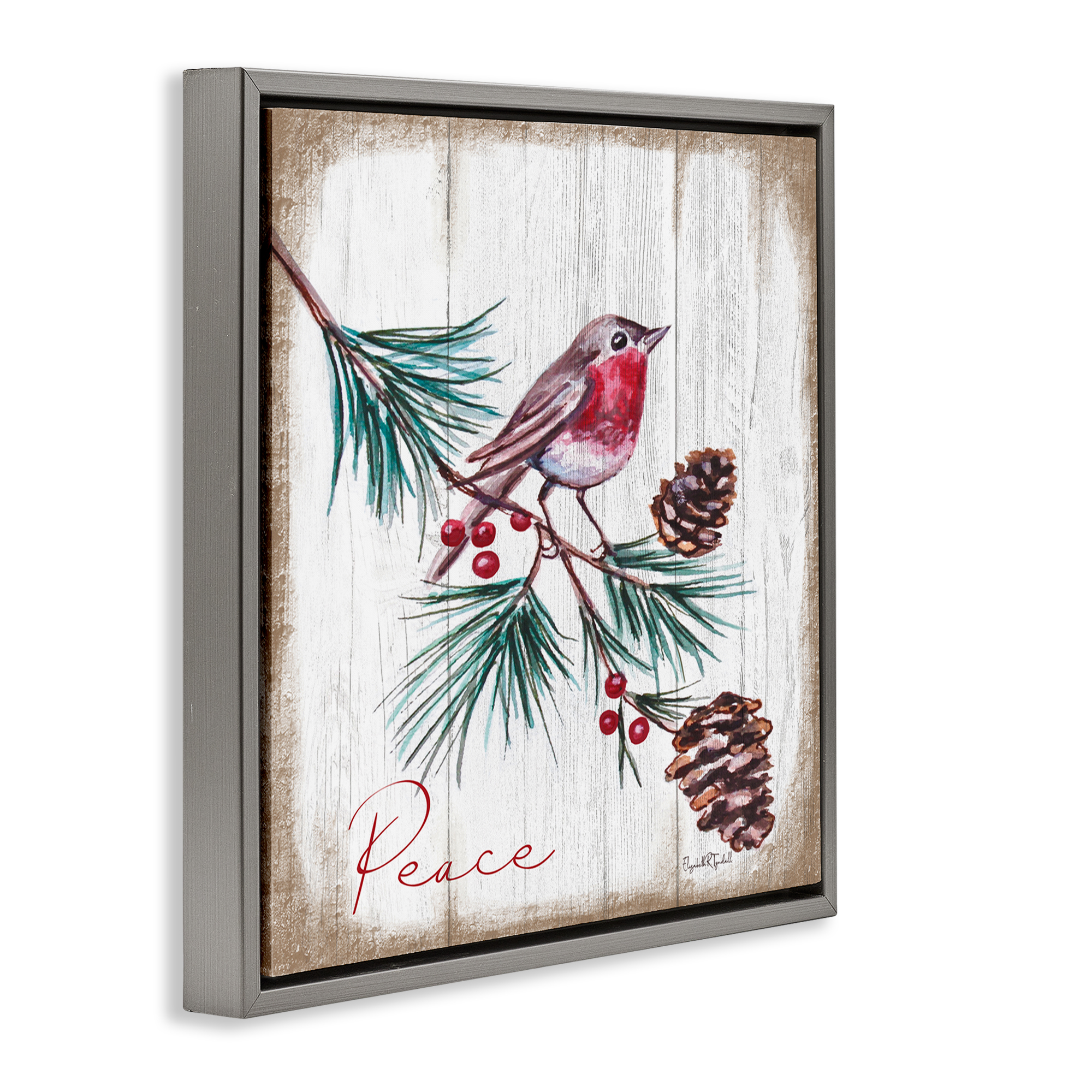 Stupell Industries Rustic Bird & Pinecones Holiday Painting Gray Floater Framed Canvas Art Prints Wall Art, 18 x 18