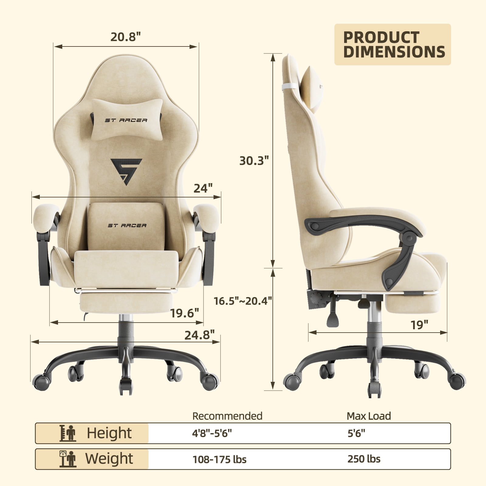 Huracan Velvet Fabric Gaming Chair Ergonomic Office Chair with Footrest High Back Gamer Chiar for Adults Video Gaming Chair with Massage Lumbar Cushion PC Gaming Chair for Home Office,Beige
