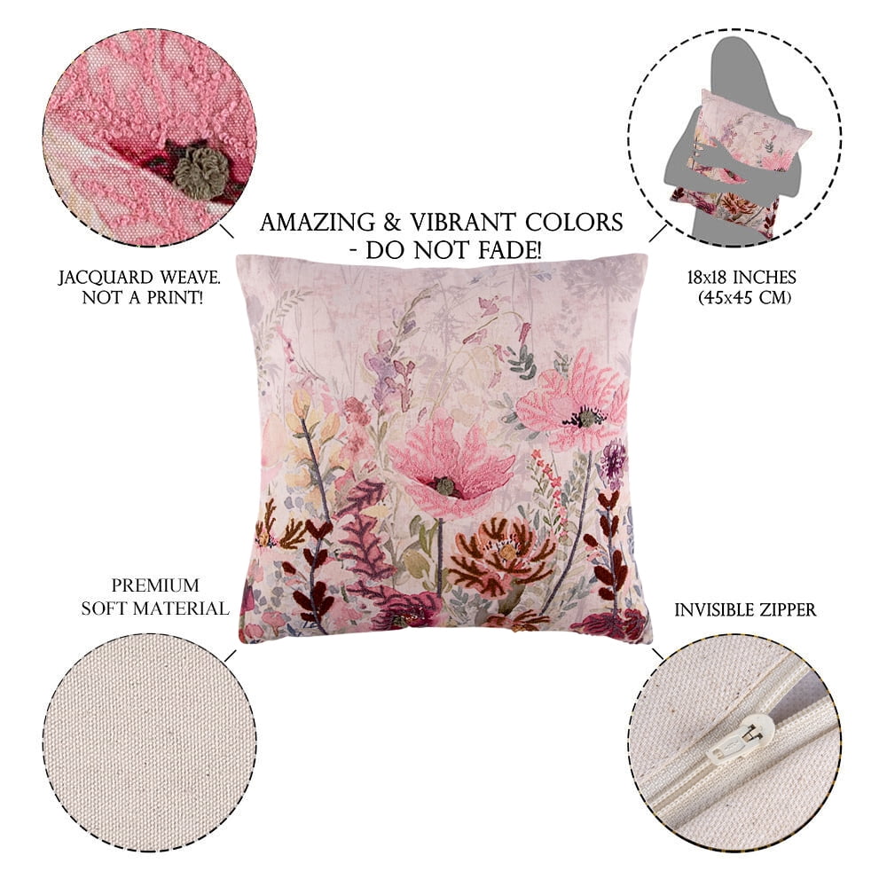 STP GOODS Pink Spring Floral Cotton Embroidered Decorative Pillow 18x18" (45x45 cm) Decorative Square Throw Pillow Cotton Couch Cushion
