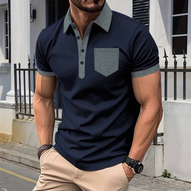 pstuiky camisetas camisas para hombre, Camisa de manga corta con botones y bolsillo para hombre, con cuello abatible y bloques de color camisetas de hombre xl