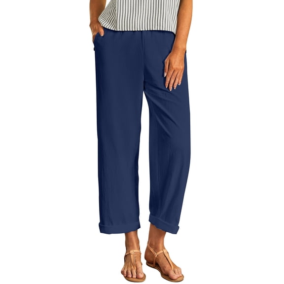 SYMOID Womens Cotton Linen Capris Relaxed Fit Pants Elastic Waist Pull-On with Pockets Rolled Cuff Cropped Ankle Length Breathable Casual Summer Navy,Size L