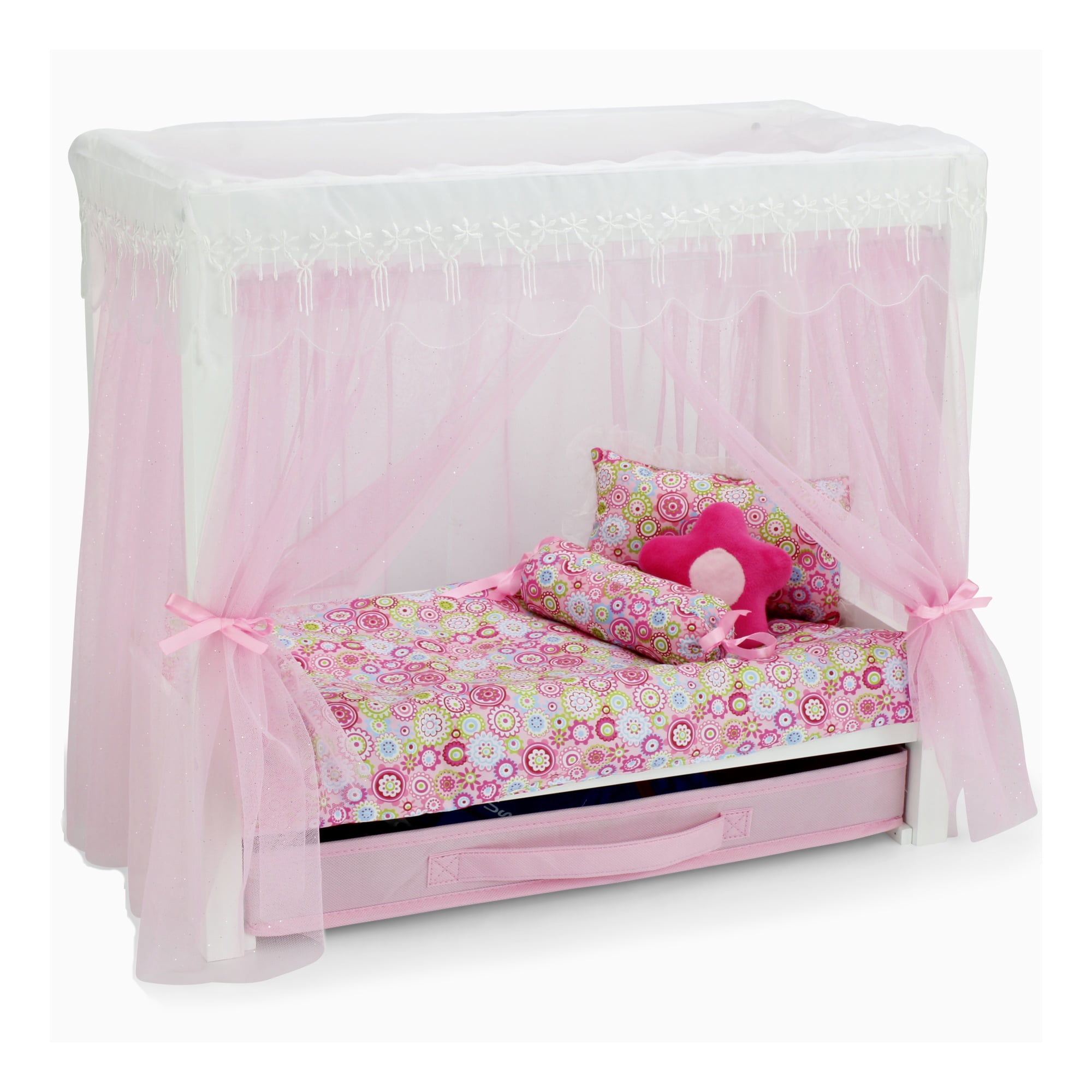 DOLL BED WITH CANOPY BLANKET & 4 PILLOWS FITS DOLLS UP TO 20" & AMERICAN GIRL 