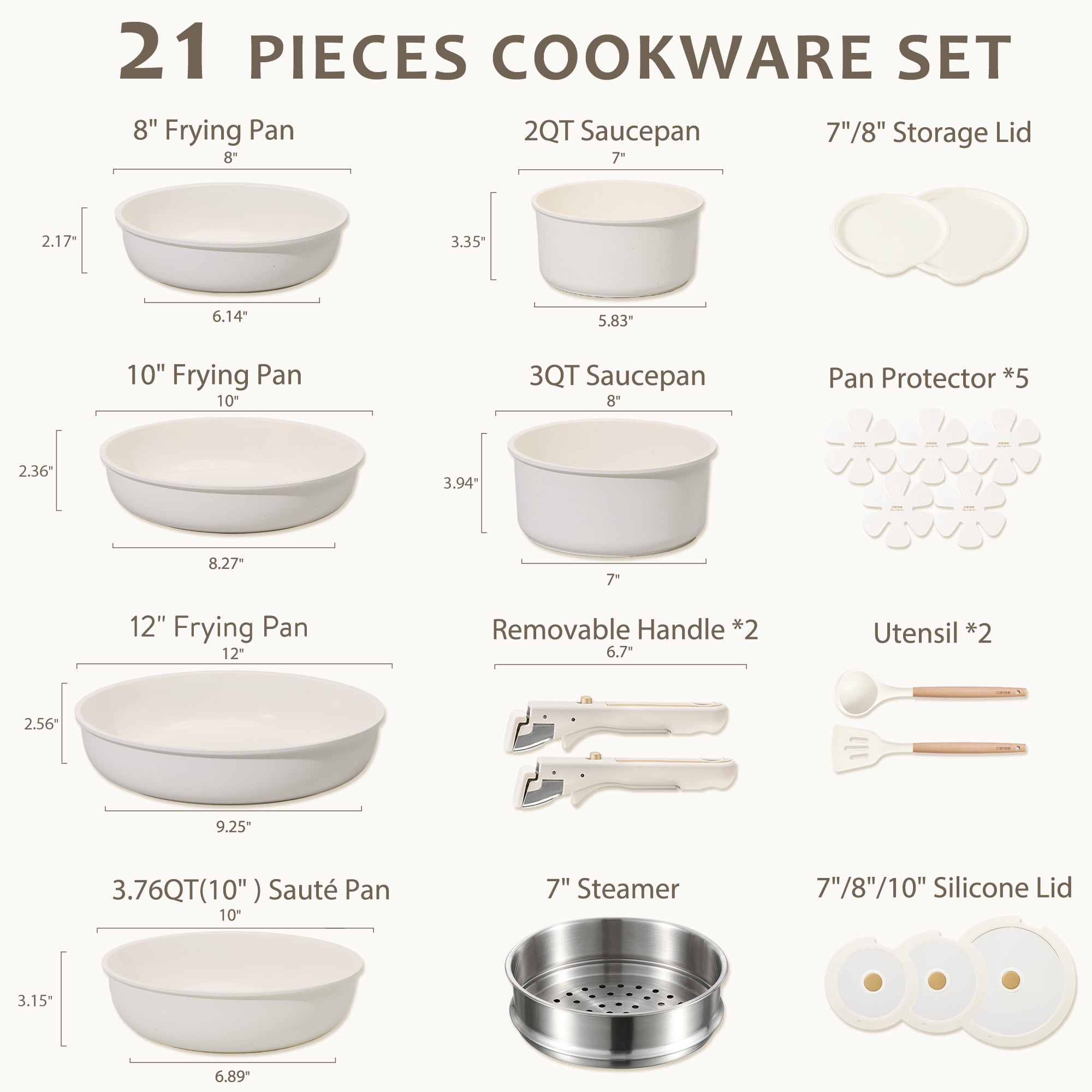 Carote 21 Pieces Pots and Pans Set with Detachable Handle, Ceramic Non Stick Non Toxic Kitchen Cookware Set with Induction, Oven/Dishwasher Safe, Granite White