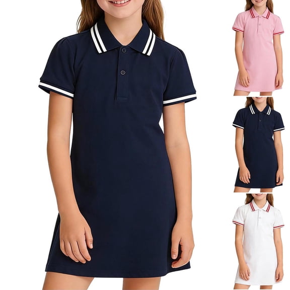 Fengqque Girls Short Sleeve Summer Dress Quarter Button Solid Color Kids Casual School Uniform Cotton Polo Dresses White 15-16 Years