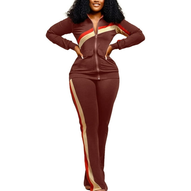 MAWCLOS Women Sweatsuits Pocket Tracksuit Set Elastic Waist Jogger Sets Breathable Home Solid Color Sweatshirt And Sweatpant Coffee 3XL