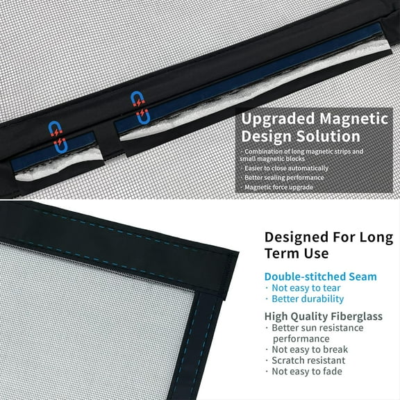 Double Door Magnetic Screen for 72"x80" Sliding & French Doors, Heavy Duty Fiberglass Mesh, Self-Closing Magnets, Extra Long Bug Screen Keeps Bugs Out