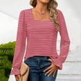 thumbnail image 2 of Bjutir Womens Striped Print Tops Fall Winter Square Neck Long Sleeve T Shirt With Striped Ruffles Red M, 2 of 5