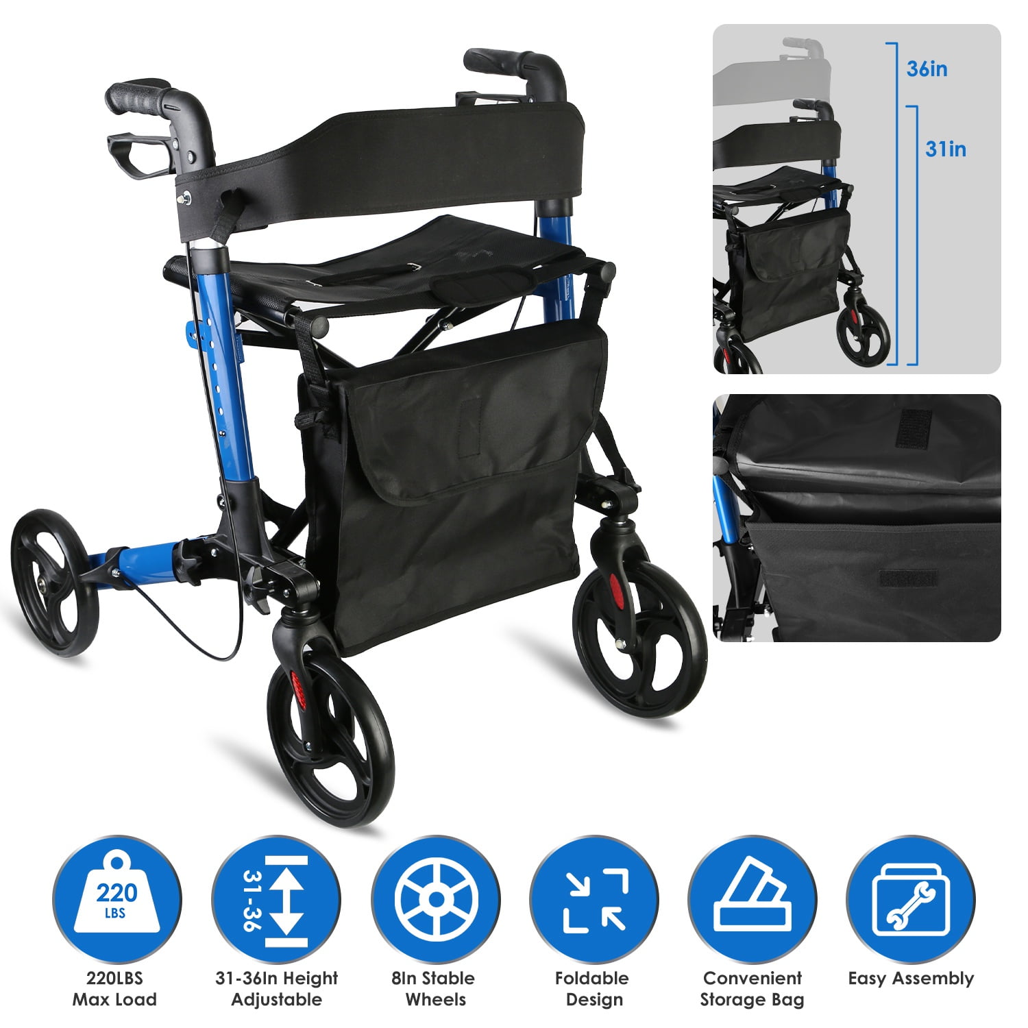 Imountek Aluminum Rollator Walker with Seat Backrest, Foldable Rolling Walker for Seniors Adults, 220lbs Capacity, 8" Wheels, 31-36" Adjustable Height