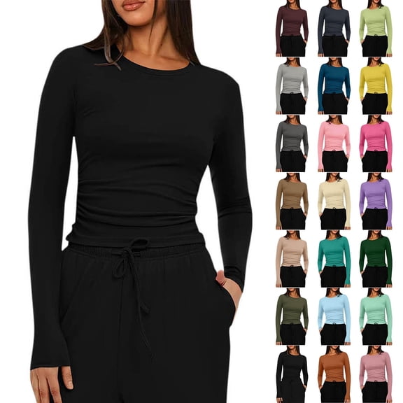 Akmaiox Long Sleeve Shirts for Women, Solid Color Crew Neck Trendy Going Out Tops, Slim Fitted Base Layer Undershirts Stretchy Basic Tees