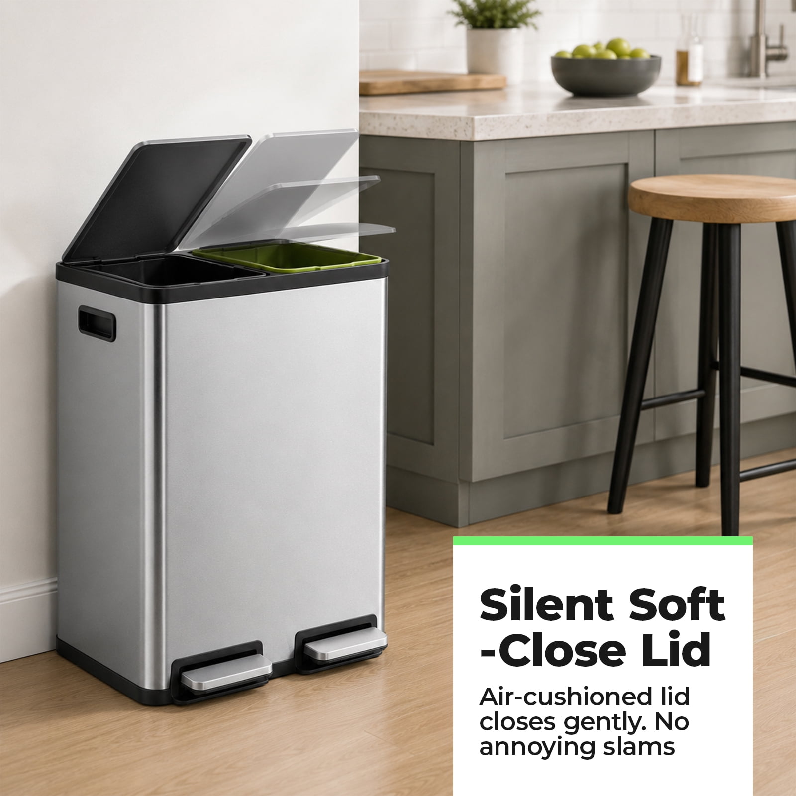 Alvantor 60L Trash Can, Dual Compartment 2x8 Gallon Stainless Steel Garbage Bin with Fingerprint Proof Finish, Soft Close Lid, and Hands-Free Pedal for Kitchen and Office