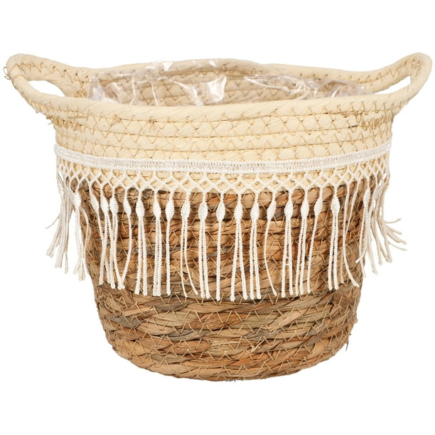 Maceta tejida con forro, cesta tejida a mano para macetas, contenedor para plantas y flores con borla