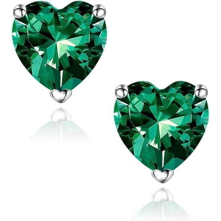 DAKSH JEWELRY 14K White Gold Plated 1.00 Ct Heart Cut Lab Created Green Emerald Stud Solitaire Earring For Women s